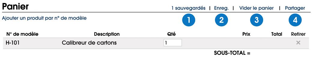 Fonctions principales du panier d’achat Uline : « # sauvegardé(s) », « Enreg. », « Vider le panier » et « Partager »