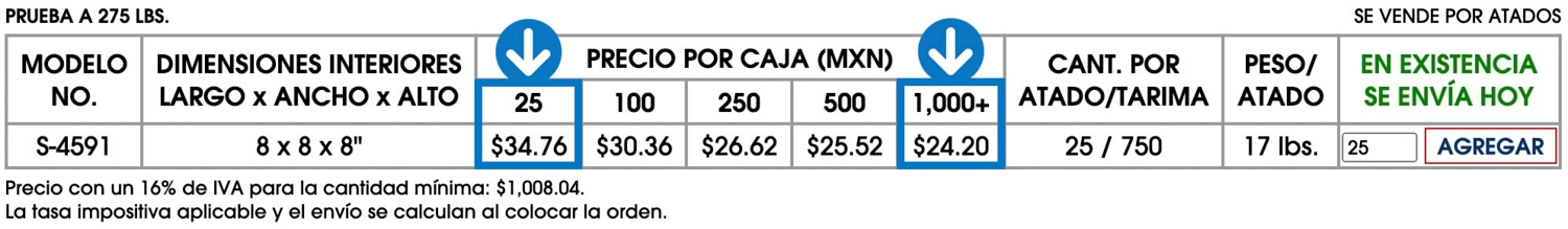 Ejemplo de precio con descuento: Compre 1,000 del Modelo No. S-4591 en vez de 25 y ahorre 30%.