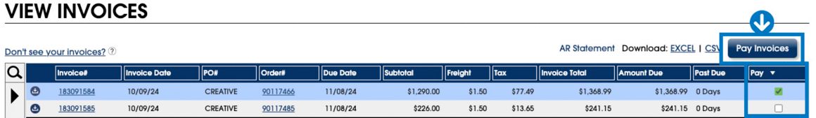 Select an invoice checkbox. Click pay invoices.