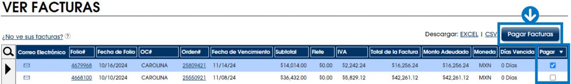 Seleccione una factura. Haga clic en Pagar Facturas.