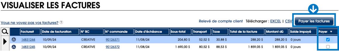 S⩮lectionnez une facture en cochant la case de celle-ci. Cliquez sur le bouton « Payer les factures ».