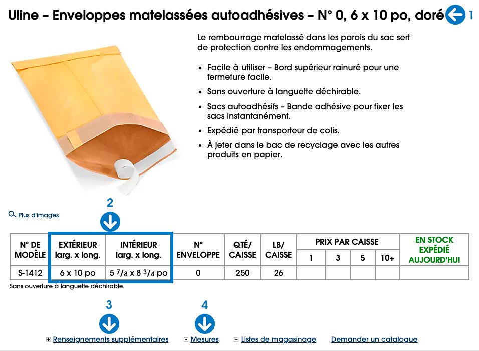 Les dimensions sont fournies dans la description, le tableau et dans les renseignements supplémentaires de l'article.