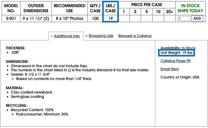 The unit weight is shown in Additional Info at the bottom of the product page or within the product chart.