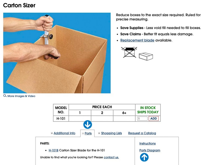 Click the Parts tab next to the Additional Info tab for a listing of available product parts