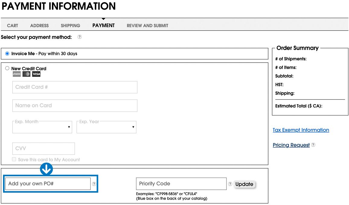 Click to add your own PO Number