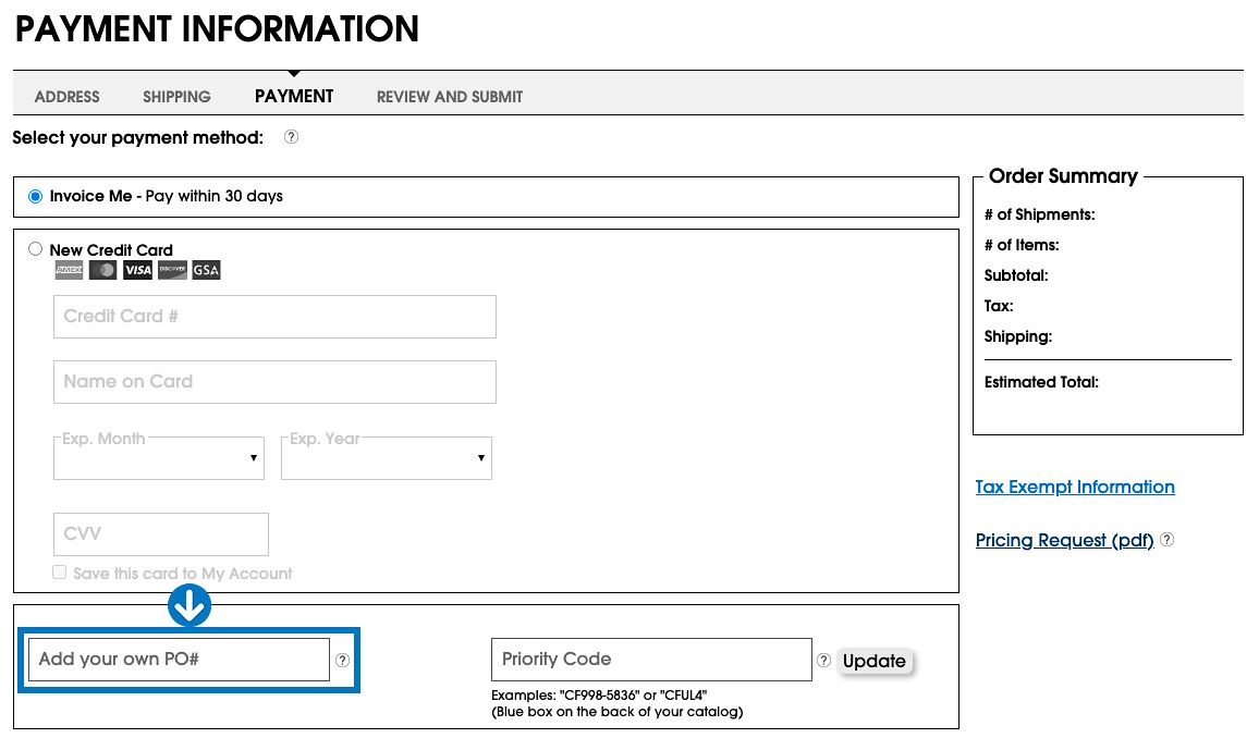 Click to add your own PO Number