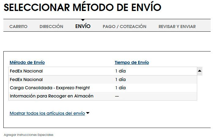 Seleccionar M&eacute;todo de Env&iacute;o