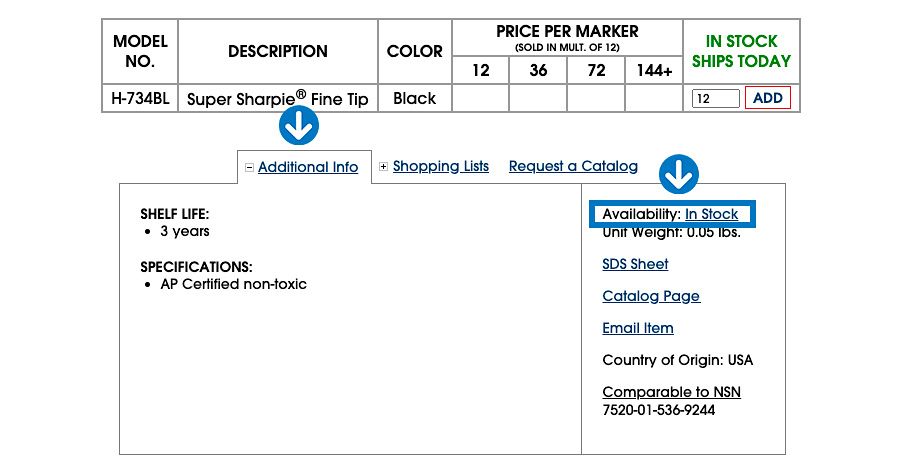 To check inventory for a product, view the "Additional Info" tab below the chart.