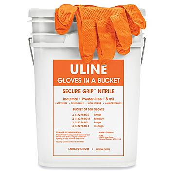 Uline Secure Grip™ Nitrile Gloves in a Bucket